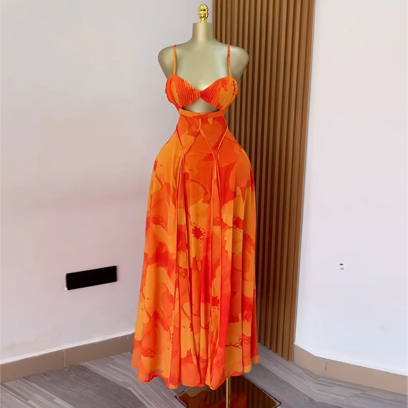 CM.YAYA Women Floral Printed Strap Backless Bra Front Big Swing Maxi Long Dress 2025 Vintage Sexy Club Party Evening Dresses