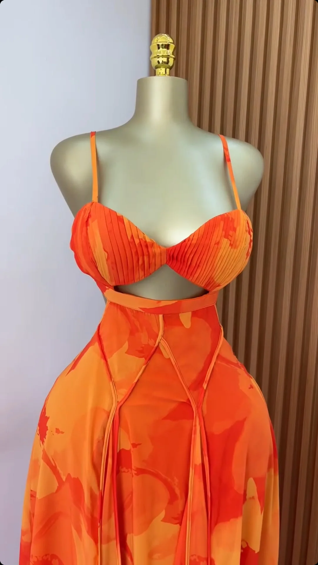 CM.YAYA Women Floral Printed Strap Backless Bra Front Big Swing Maxi Long Dress 2025 Vintage Sexy Club Party Evening Dresses