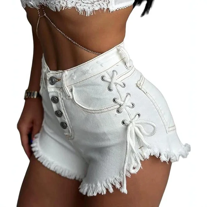 HOUZHOU Women's Cross-strap Shorts White Sexy High-Waisted Slim-Fit Denim Shorts Summer High Street Wrapped Hip Short Jeans