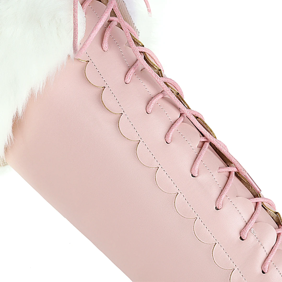 Plus Size Winter Women Wedding Bridal Shoes White Pink Fur Neck Bow Ruffles Princess Uniform Lolita Cosplay JK Knee High Boots