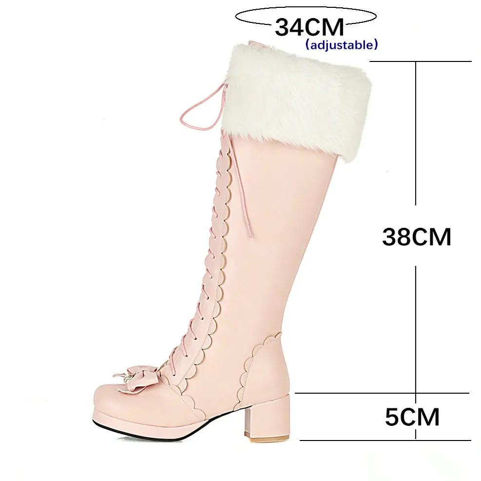 Plus Size Winter Women Wedding Bridal Shoes White Pink Fur Neck Bow Ruffles Princess Uniform Lolita Cosplay JK Knee High Boots