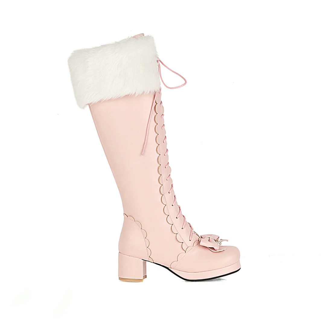Plus Size Winter Women Wedding Bridal Shoes White Pink Fur Neck Bow Ruffles Princess Uniform Lolita Cosplay JK Knee High Boots