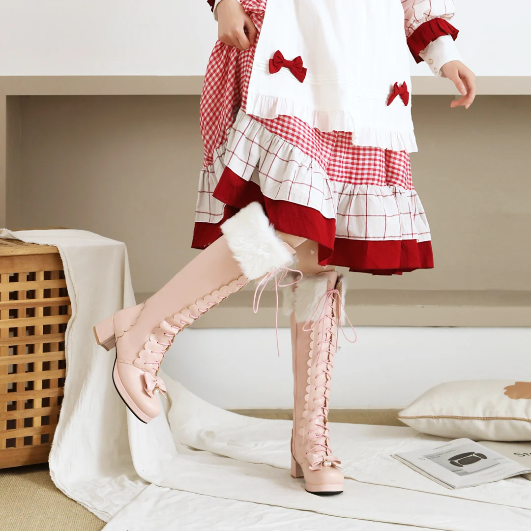 Plus Size Winter Women Wedding Bridal Shoes White Pink Fur Neck Bow Ruffles Princess Uniform Lolita Cosplay JK Knee High Boots