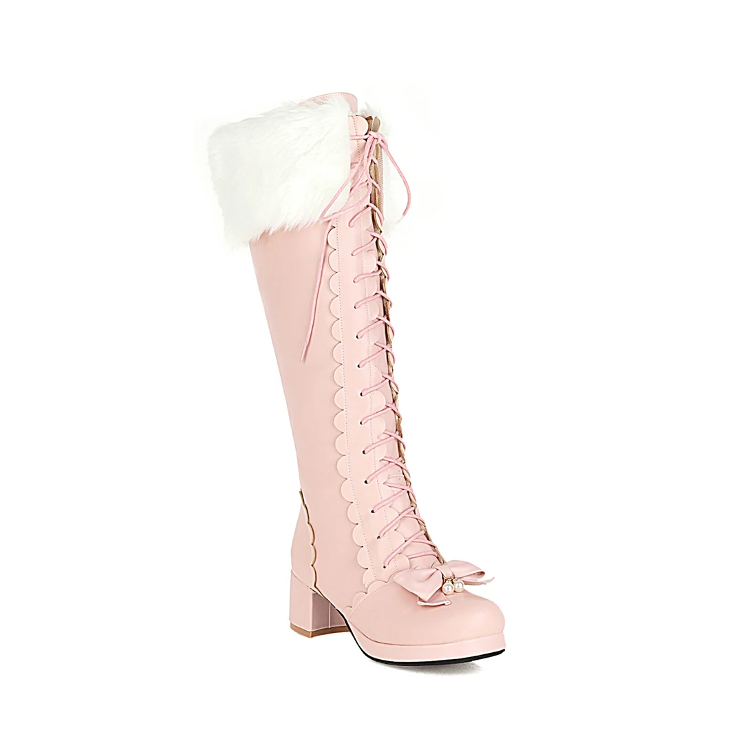 Plus Size Winter Women Wedding Bridal Shoes White Pink Fur Neck Bow Ruffles Princess Uniform Lolita Cosplay JK Knee High Boots