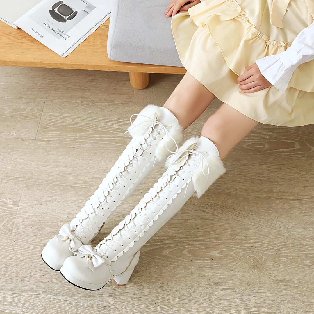 Plus Size Winter Women Wedding Bridal Shoes White Pink Fur Neck Bow Ruffles Princess Uniform Lolita Cosplay JK Knee High Boots
