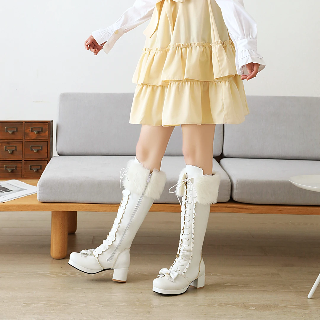 Plus Size Winter Women Wedding Bridal Shoes White Pink Fur Neck Bow Ruffles Princess Uniform Lolita Cosplay JK Knee High Boots