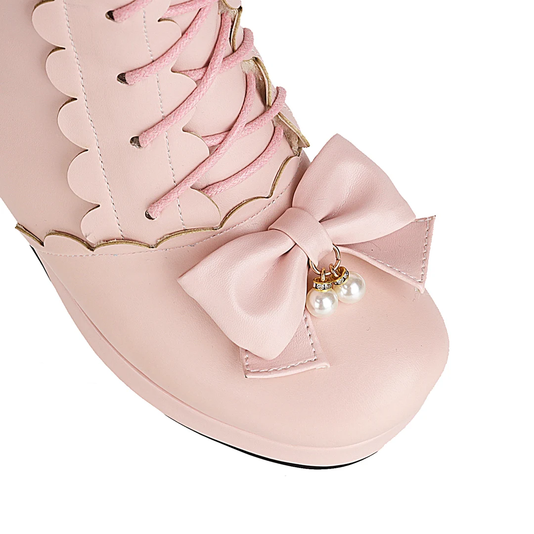 Plus Size Winter Women Wedding Bridal Shoes White Pink Fur Neck Bow Ruffles Princess Uniform Lolita Cosplay JK Knee High Boots