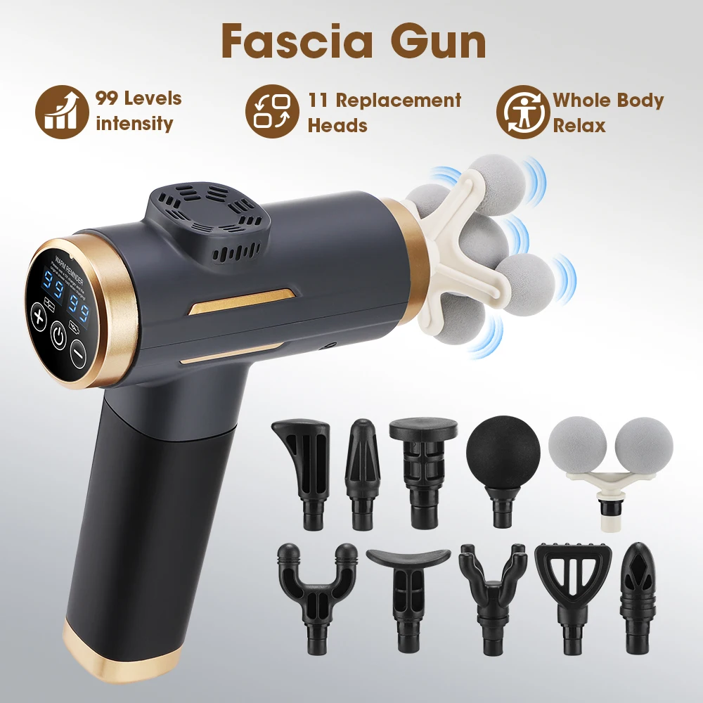 Electric Fascia Gun 24W 99 Gear Adjustable 11 Replacement Head Deep Tissue 8mm Percussion Massager Rechargeable Home Gym Massage