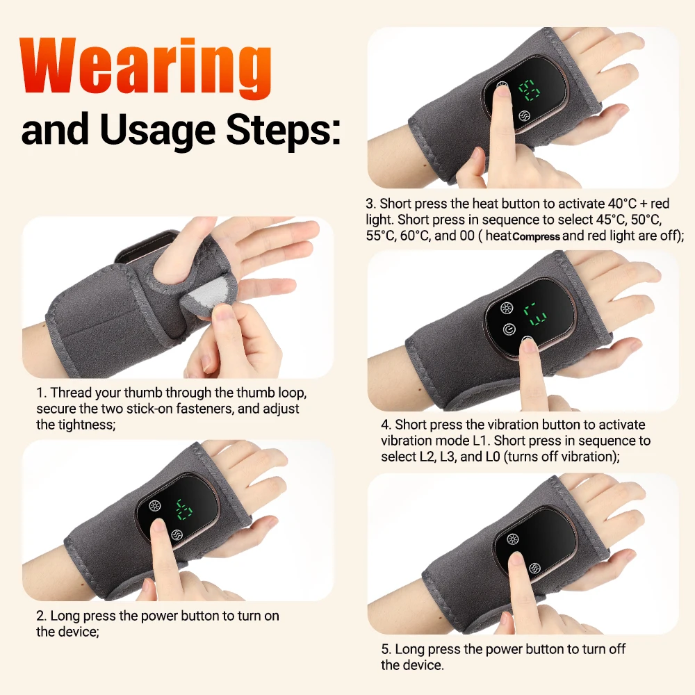 660nm Infrared Wrist Massager Red Light Heating Vibration Massage Wrap Brace Electric Wristband Pad for Hand Joint Support Relax
