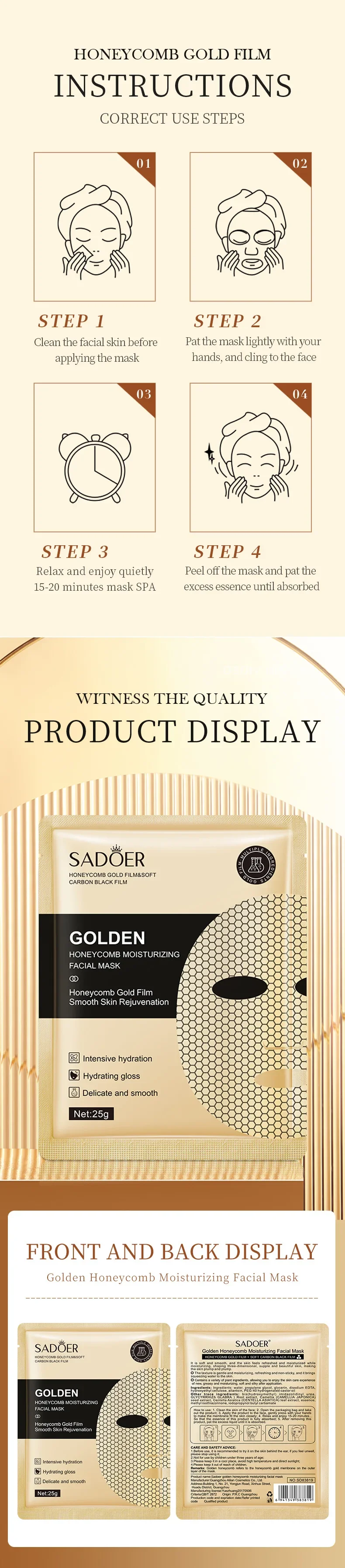 20pcs SADOER 24K Gold Moisturizing Facial Masks skincare Firming Nourishing Smooth Skin Rejuvenation Face Mask Sheets Mask