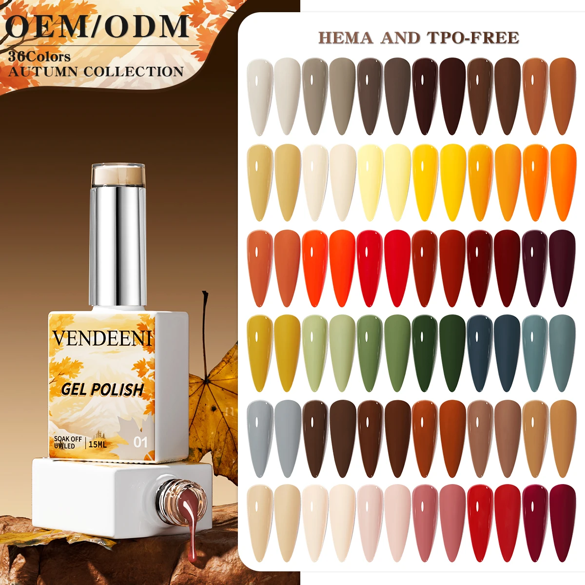 Vendeeni Hot Popular Fall Winter Nail Gel Polish Collection 36color Set TPO HEMA Free OEM High Pigment Autumn Gel Nail Polish