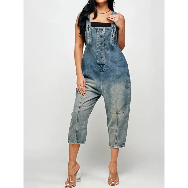 Women One Piece Jumpsuits Denim Pants Overalls Sleeveless Straight Trousers Spliced Rompers Casual Office Ladies Autumn