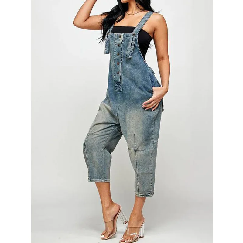 Women One Piece Jumpsuits Denim Pants Overalls Sleeveless Straight Trousers Spliced Rompers Casual Office Ladies Autumn