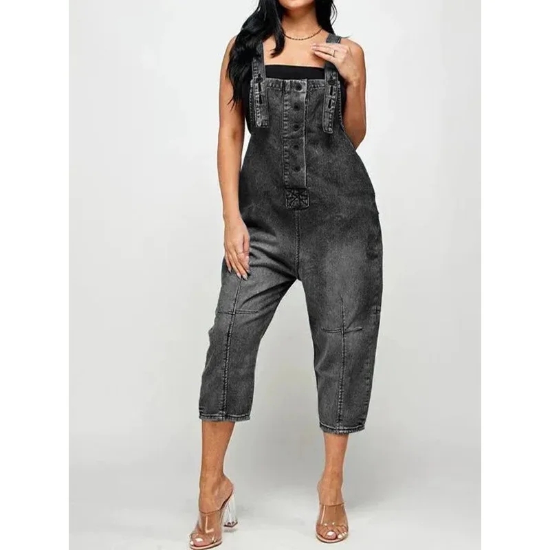 Women One Piece Jumpsuits Denim Pants Overalls Sleeveless Straight Trousers Spliced Rompers Casual Office Ladies Autumn