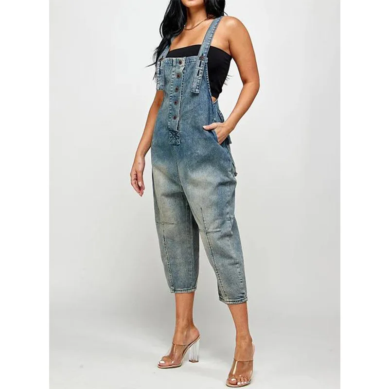 Women One Piece Jumpsuits Denim Pants Overalls Sleeveless Straight Trousers Spliced Rompers Casual Office Ladies Autumn