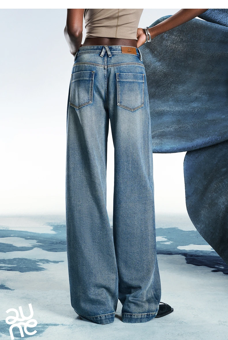 TOYOUTH Women Denim Jeans 2025 Spring New Acetate Wide Leg Mid Low Waist Slim Fit Straight Wide Leg Pants
