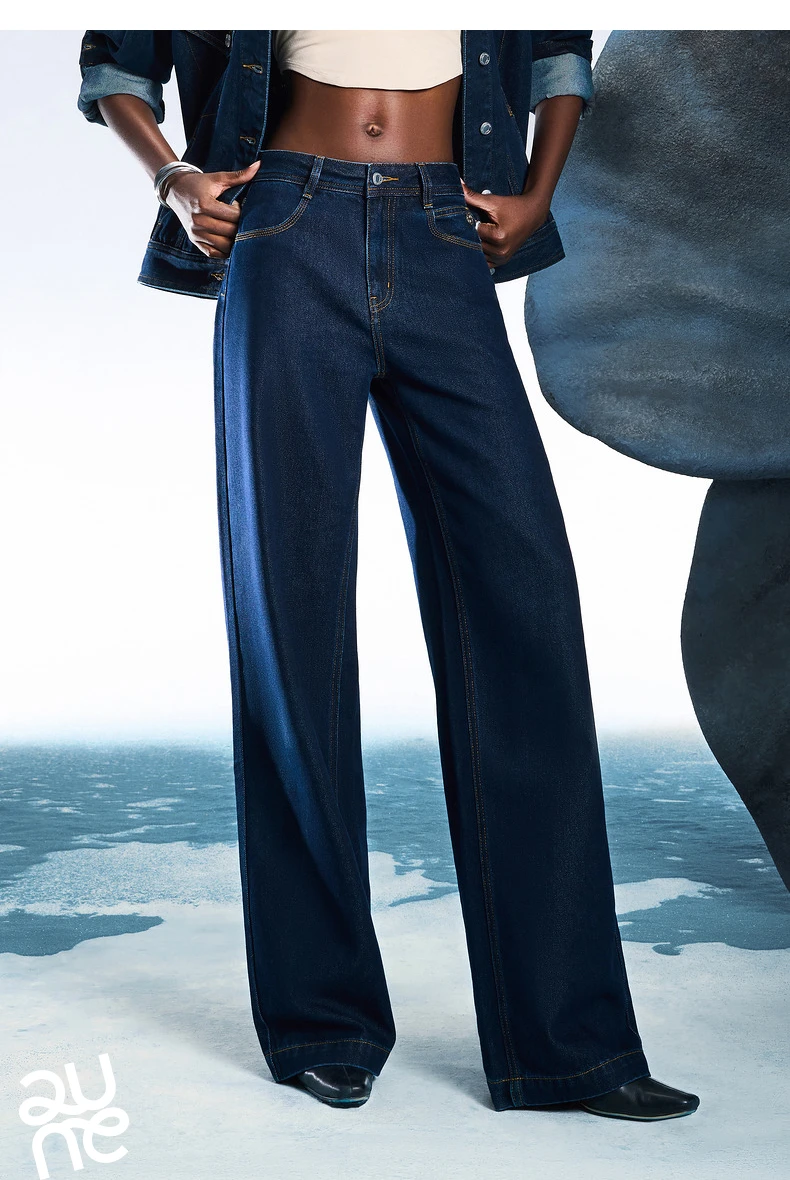 TOYOUTH Women Denim Jeans 2025 Spring New Acetate Wide Leg Mid Low Waist Slim Fit Straight Wide Leg Pants