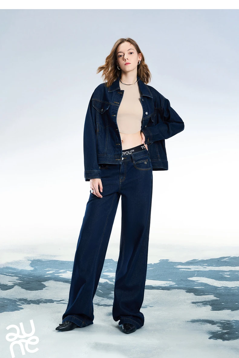 TOYOUTH Women Denim Jeans 2025 Spring New Acetate Wide Leg Mid Low Waist Slim Fit Straight Wide Leg Pants
