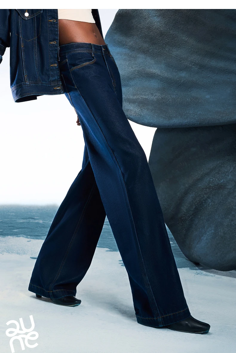 TOYOUTH Women Denim Jeans 2025 Spring New Acetate Wide Leg Mid Low Waist Slim Fit Straight Wide Leg Pants