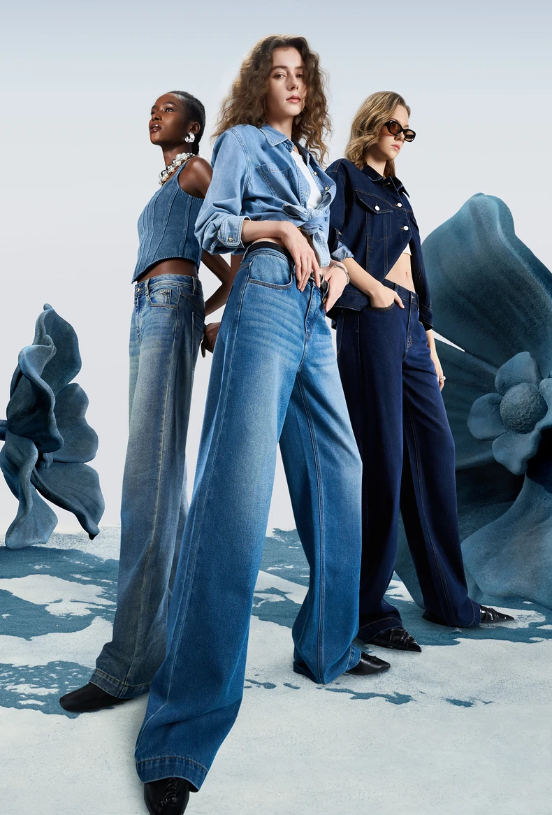 TOYOUTH Women Denim Jeans 2025 Spring New Acetate Wide Leg Mid Low Waist Slim Fit Straight Wide Leg Pants