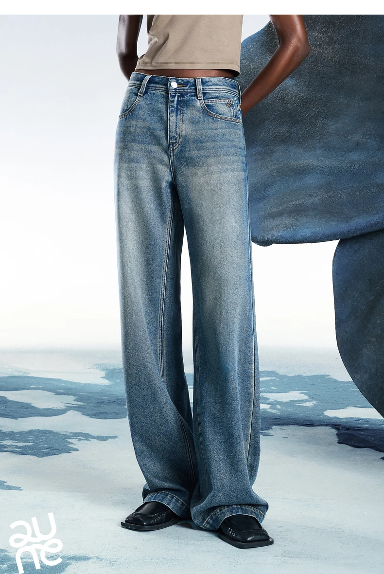 TOYOUTH Women Denim Jeans 2025 Spring New Acetate Wide Leg Mid Low Waist Slim Fit Straight Wide Leg Pants