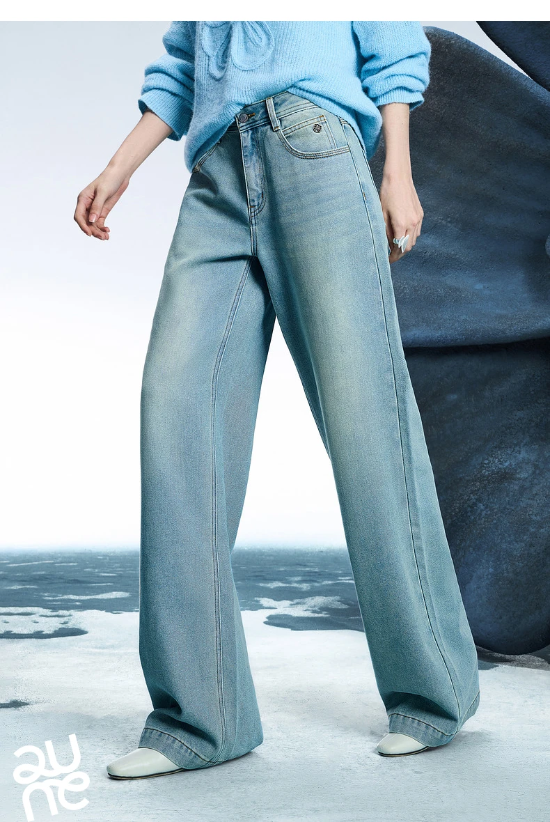 TOYOUTH Women Denim Jeans 2025 Spring New Acetate Wide Leg Mid Low Waist Slim Fit Straight Wide Leg Pants
