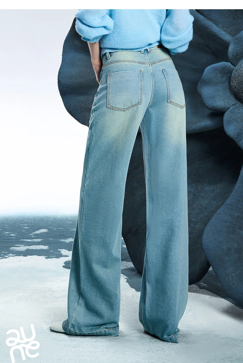 TOYOUTH Women Denim Jeans 2025 Spring New Acetate Wide Leg Mid Low Waist Slim Fit Straight Wide Leg Pants