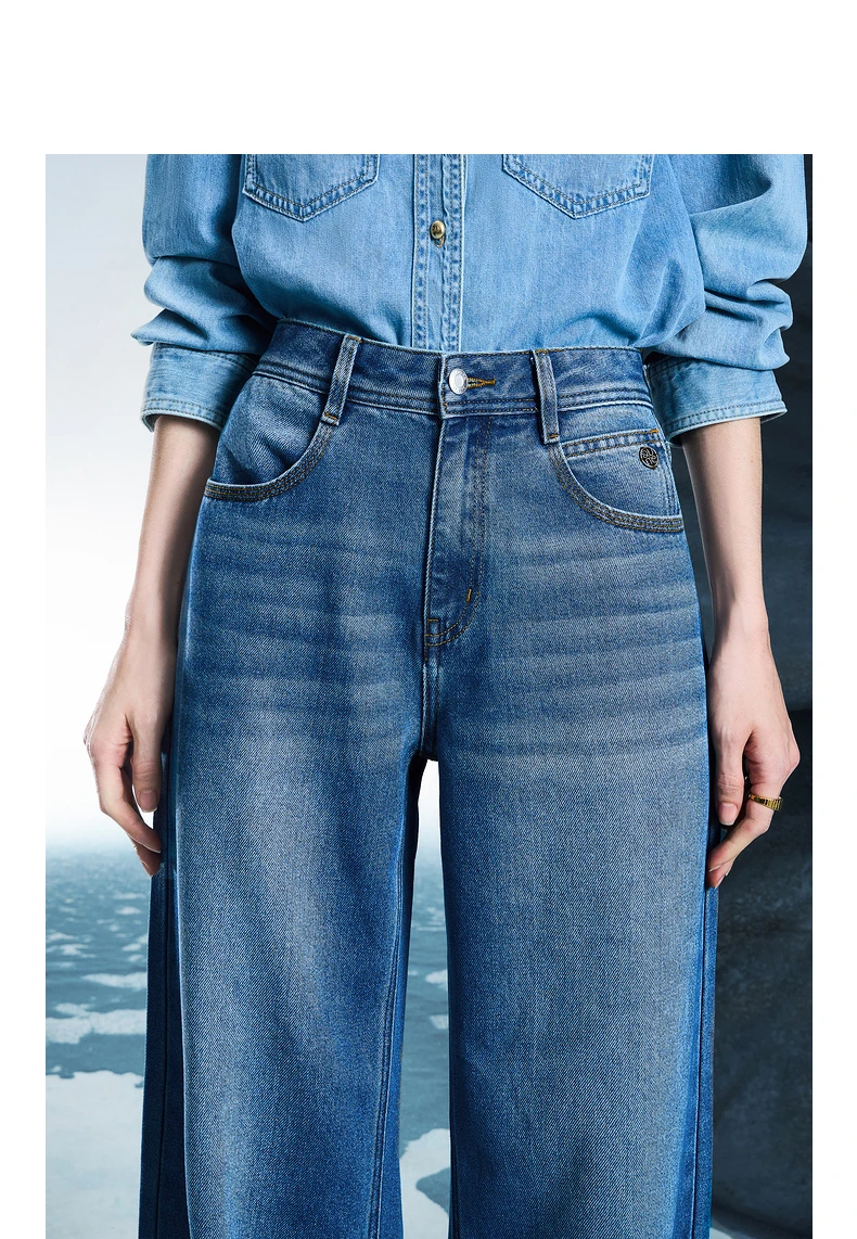 TOYOUTH Women Denim Jeans 2025 Spring New Acetate Wide Leg Mid Low Waist Slim Fit Straight Wide Leg Pants