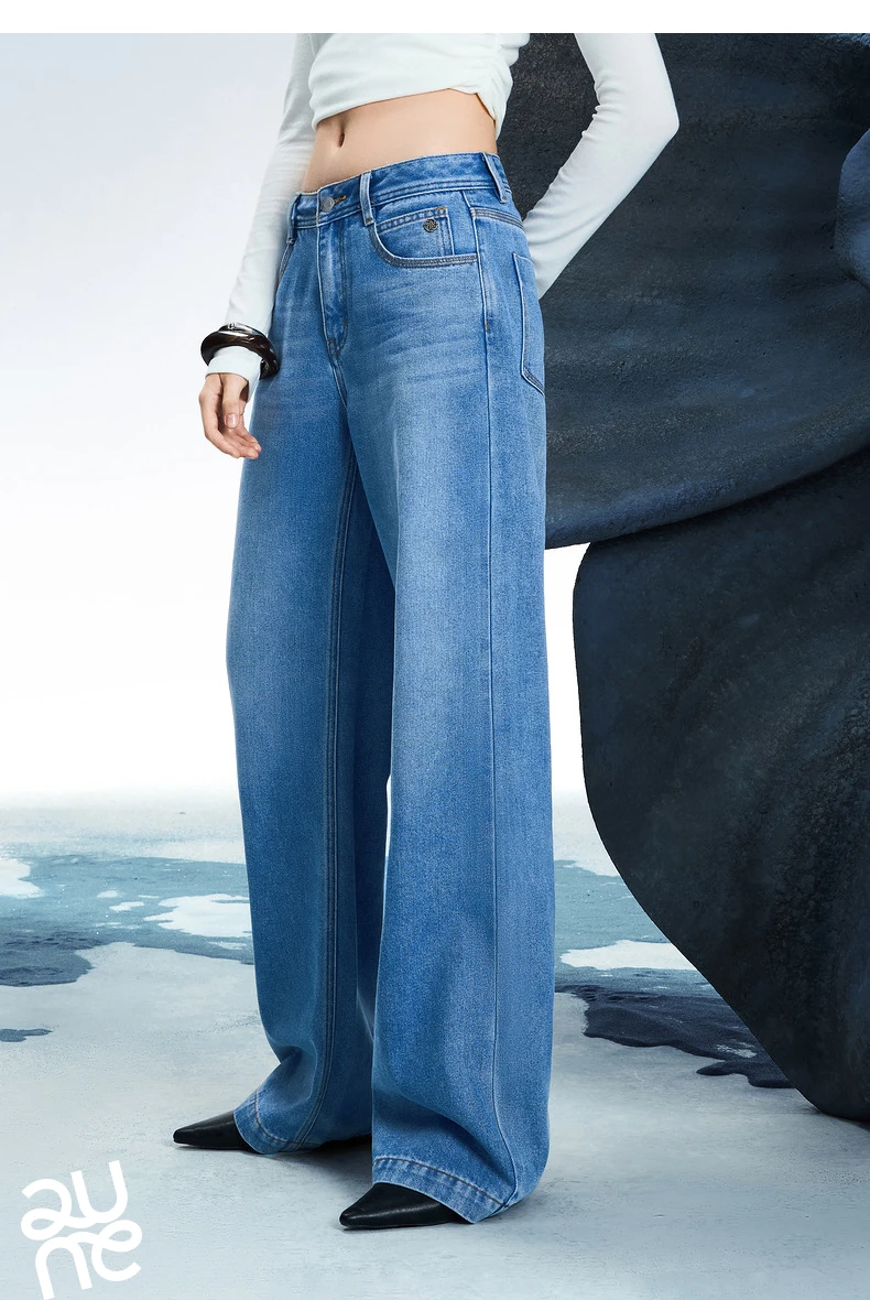 TOYOUTH Women Denim Jeans 2025 Spring New Acetate Wide Leg Mid Low Waist Slim Fit Straight Wide Leg Pants