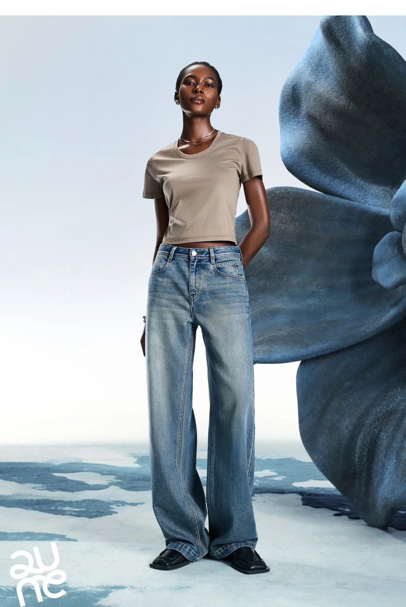 TOYOUTH Women Denim Jeans 2025 Spring New Acetate Wide Leg Mid Low Waist Slim Fit Straight Wide Leg Pants