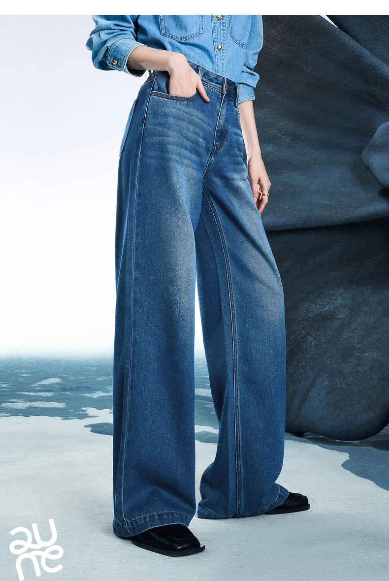 TOYOUTH Women Denim Jeans 2025 Spring New Acetate Wide Leg Mid Low Waist Slim Fit Straight Wide Leg Pants