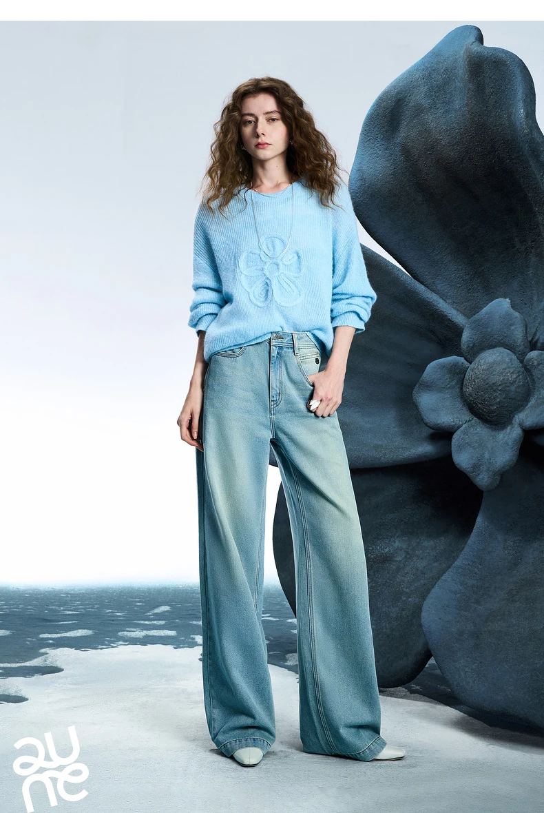 TOYOUTH Women Denim Jeans 2025 Spring New Acetate Wide Leg Mid Low Waist Slim Fit Straight Wide Leg Pants