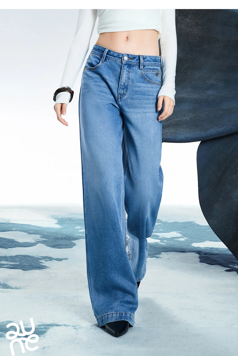 TOYOUTH Women Denim Jeans 2025 Spring New Acetate Wide Leg Mid Low Waist Slim Fit Straight Wide Leg Pants