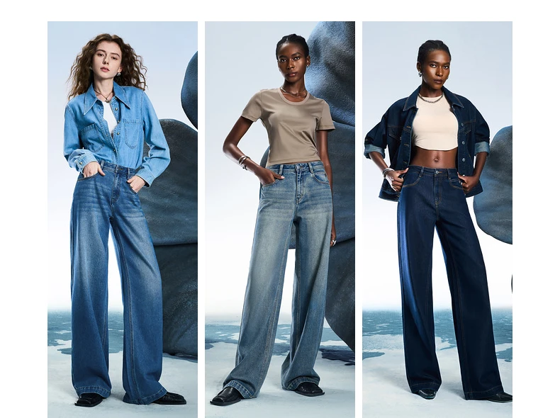TOYOUTH Women Denim Jeans 2025 Spring New Acetate Wide Leg Mid Low Waist Slim Fit Straight Wide Leg Pants
