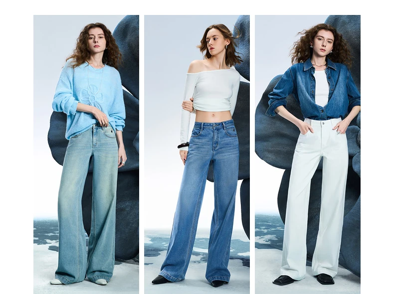 TOYOUTH Women Denim Jeans 2025 Spring New Acetate Wide Leg Mid Low Waist Slim Fit Straight Wide Leg Pants