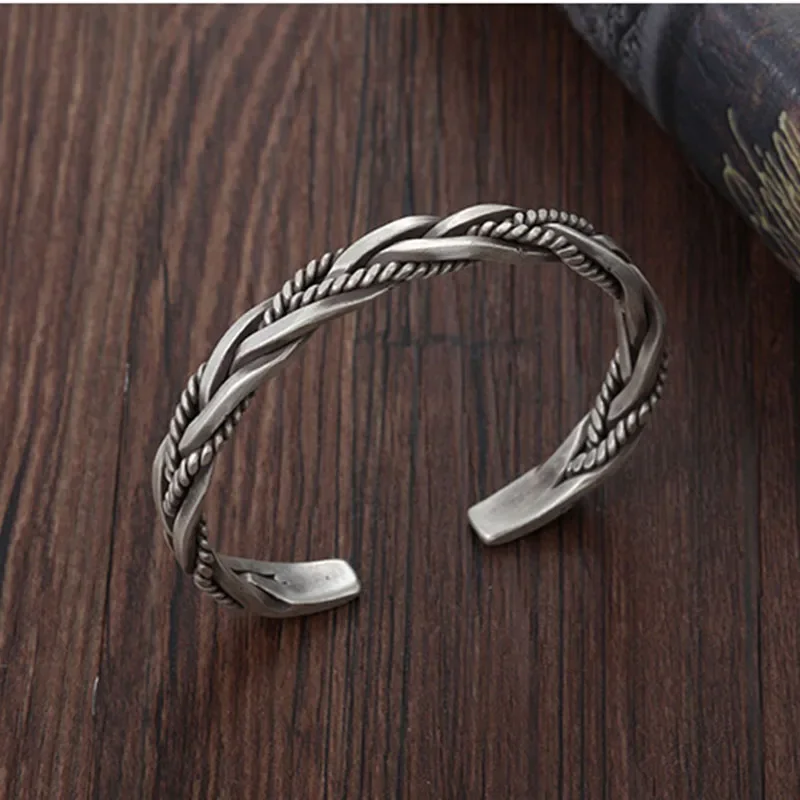 925 Sterling Silver Twisted Woven Bracelet Man Women Neutral Retro Original Handmade Opening Bangle Fashion Party Jewelry Gifts