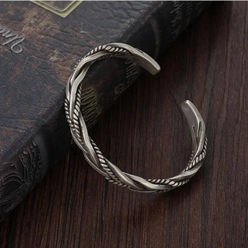 925 Sterling Silver Twisted Woven Bracelet Man Women Neutral Retro Original Handmade Opening Bangle Fashion Party Jewelry Gifts