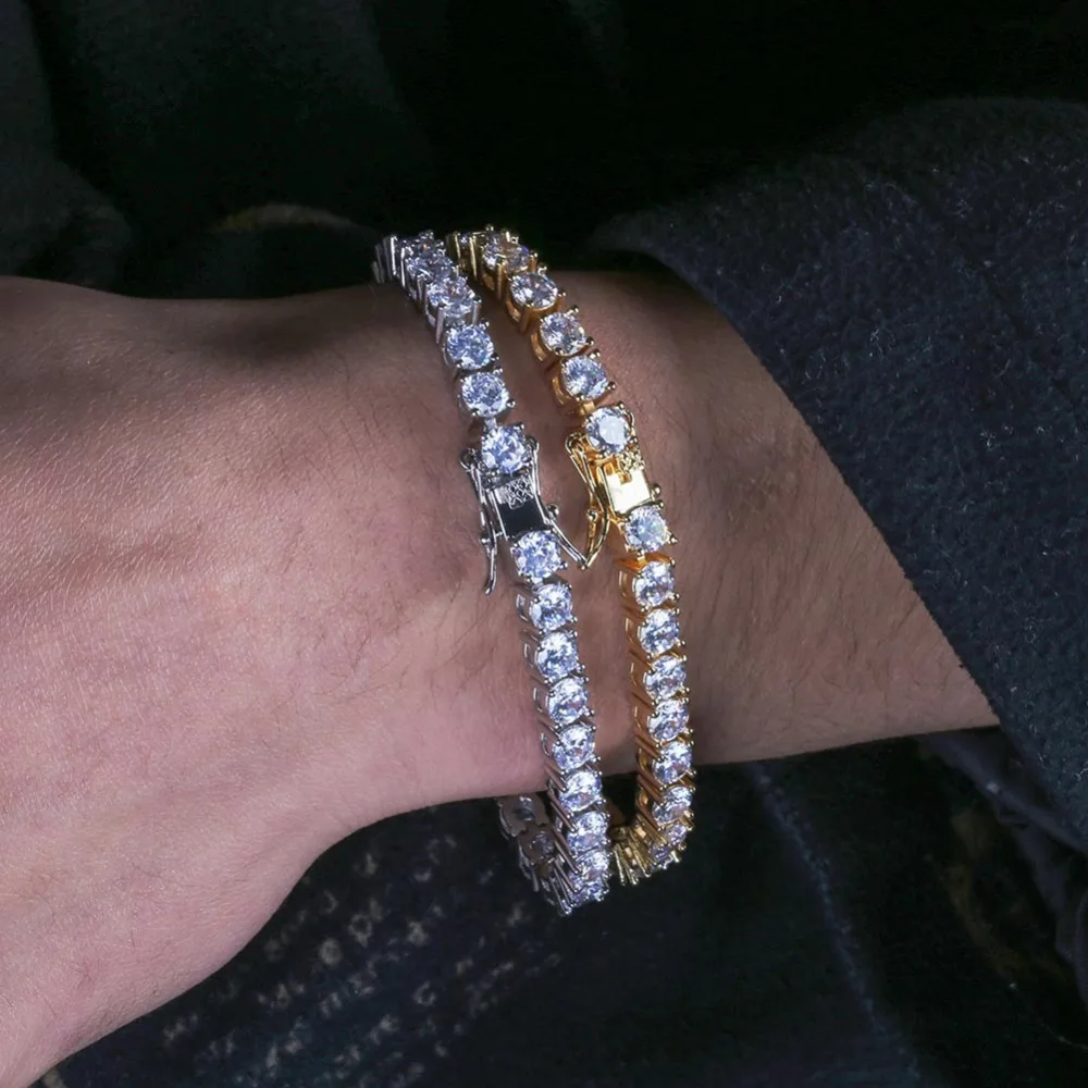 3mm-10mm Mens/Women AAA+ Cubic Zirconia Tennis Bracelet Hip Hop Jewelry Iced Out 1 Row Gold Color CZ Charms Bracelet For Gifts