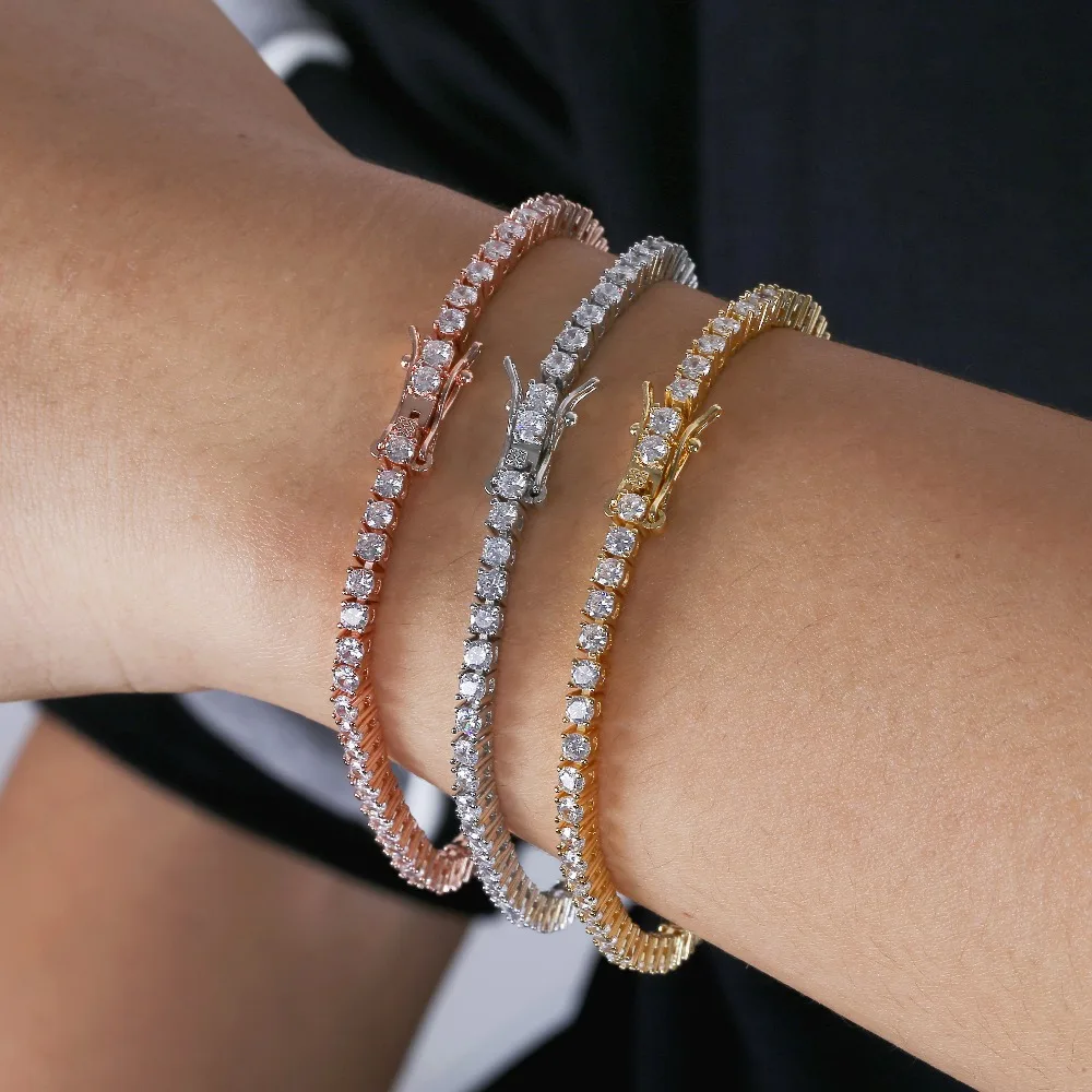 3mm-10mm Mens/Women AAA+ Cubic Zirconia Tennis Bracelet Hip Hop Jewelry Iced Out 1 Row Gold Color CZ Charms Bracelet For Gifts