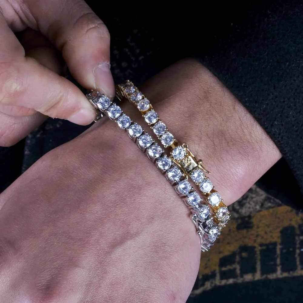 3mm-10mm Mens/Women AAA+ Cubic Zirconia Tennis Bracelet Hip Hop Jewelry Iced Out 1 Row Gold Color CZ Charms Bracelet For Gifts