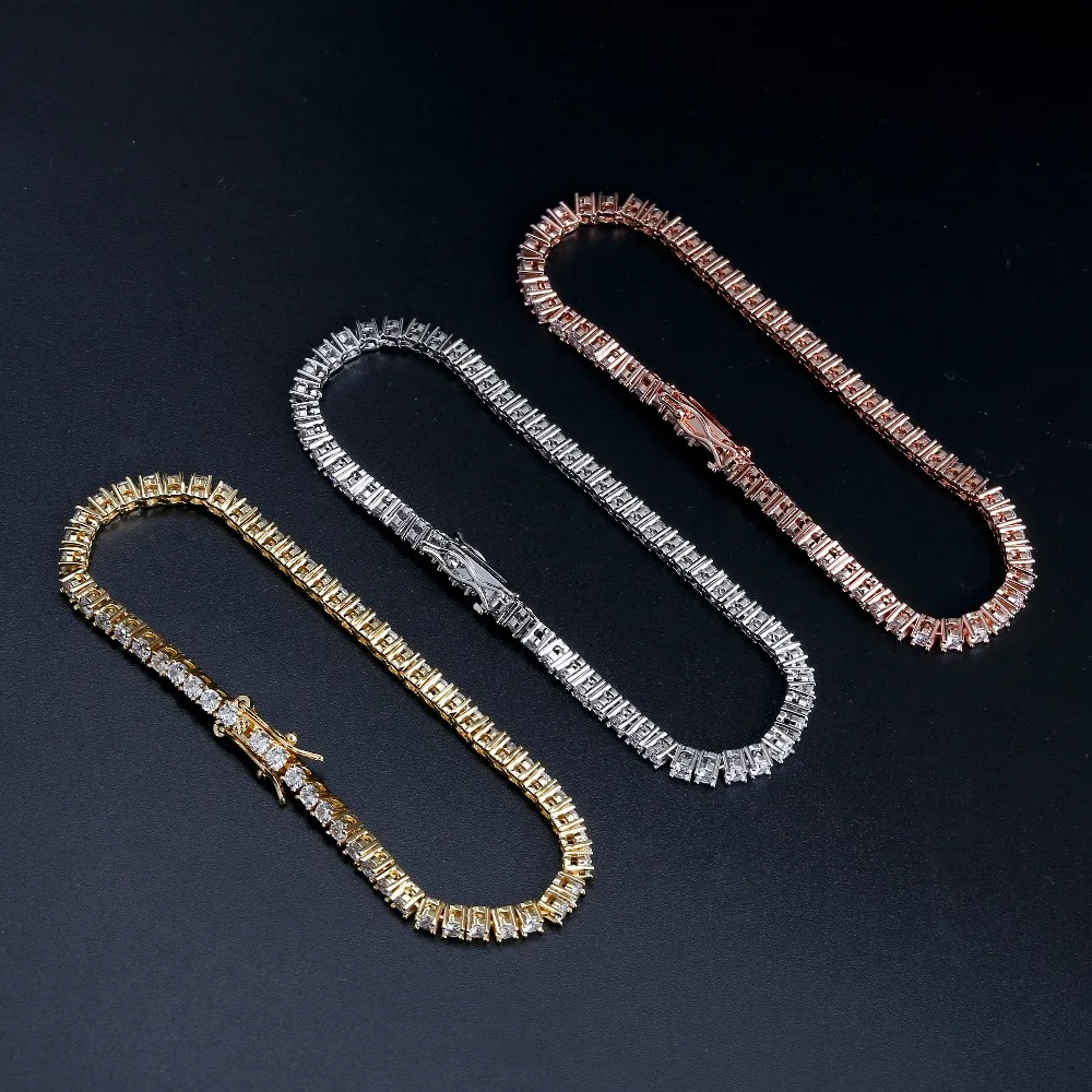 3mm-10mm Mens/Women AAA+ Cubic Zirconia Tennis Bracelet Hip Hop Jewelry Iced Out 1 Row Gold Color CZ Charms Bracelet For Gifts