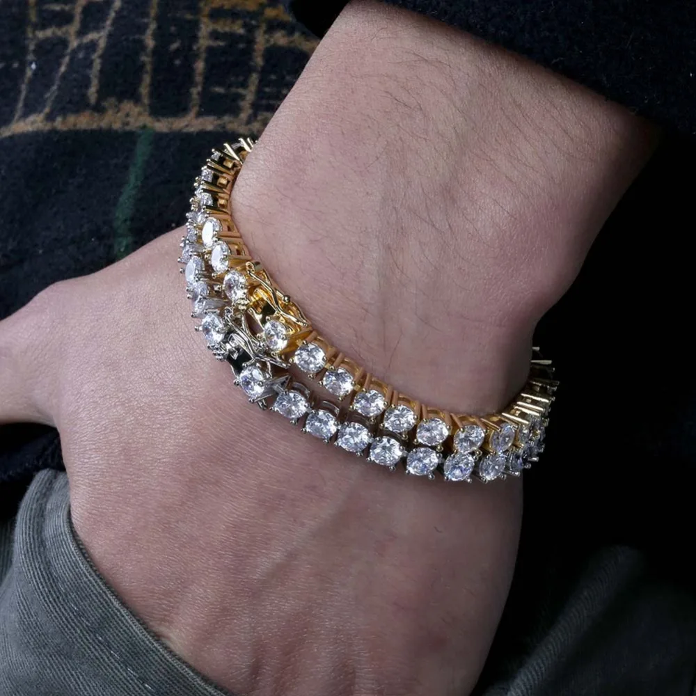 3mm-10mm Mens/Women AAA+ Cubic Zirconia Tennis Bracelet Hip Hop Jewelry Iced Out 1 Row Gold Color CZ Charms Bracelet For Gifts