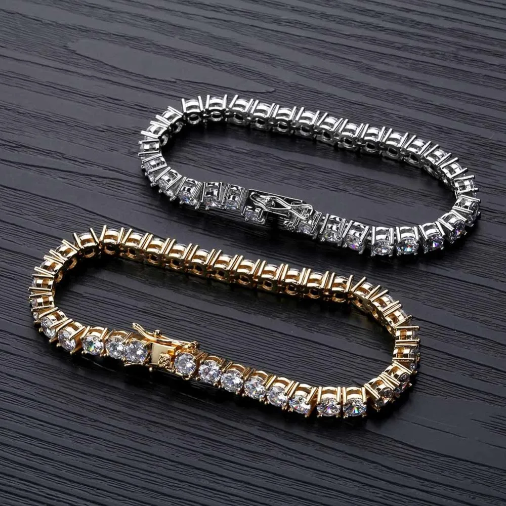 3mm-10mm Mens/Women AAA+ Cubic Zirconia Tennis Bracelet Hip Hop Jewelry Iced Out 1 Row Gold Color CZ Charms Bracelet For Gifts
