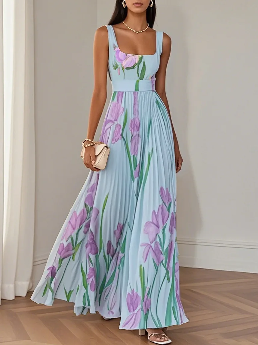 2026 Spring Summer Women's Fashion Strap Digital Print Pleated Floral Long Dress Sleeveless Square Neck High Waist Spring Summer