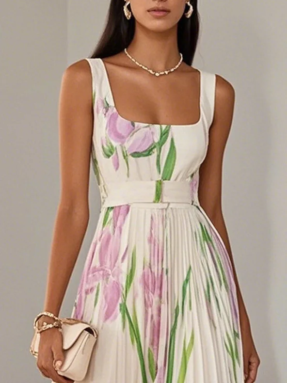 2026 Spring Summer Women's Fashion Strap Digital Print Pleated Floral Long Dress Sleeveless Square Neck High Waist Spring Summer