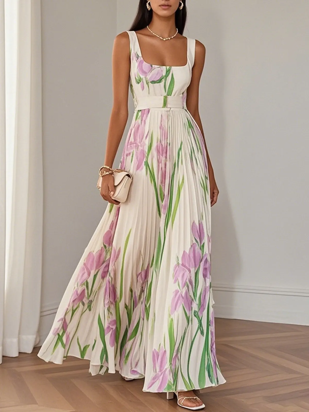 2026 Spring Summer Women's Fashion Strap Digital Print Pleated Floral Long Dress Sleeveless Square Neck High Waist Spring Summer