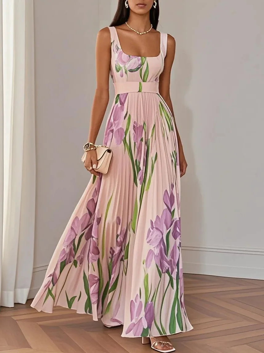 2026 Spring Summer Women's Fashion Strap Digital Print Pleated Floral Long Dress Sleeveless Square Neck High Waist Spring Summer
