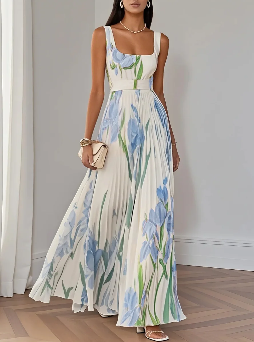 2026 Spring Summer Women's Fashion Strap Digital Print Pleated Floral Long Dress Sleeveless Square Neck High Waist Spring Summer