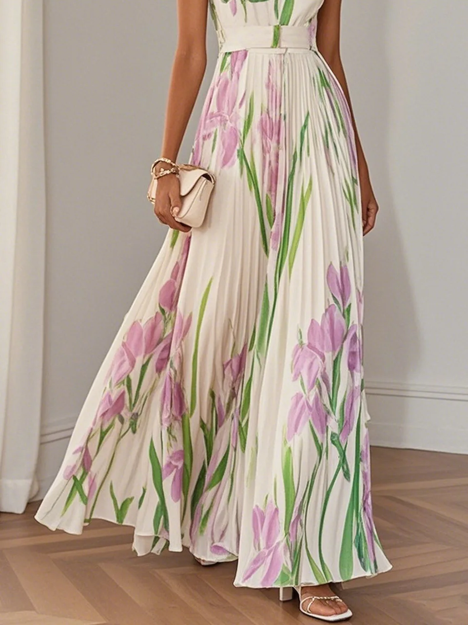 2026 Spring Summer Women's Fashion Strap Digital Print Pleated Floral Long Dress Sleeveless Square Neck High Waist Spring Summer