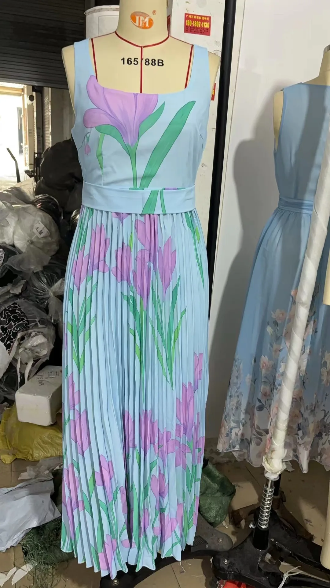 2026 Spring Summer Women's Fashion Strap Digital Print Pleated Floral Long Dress Sleeveless Square Neck High Waist Spring Summer